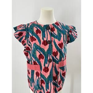 Tach Benita Pink Quilted Flutter Sleeve Vest Top Heart Floral Cotton Katha XS